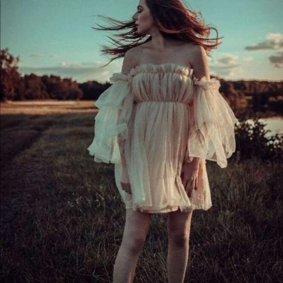 Ruffle dress mesh off shoulder fairy layer cream - Picture 11 of 14